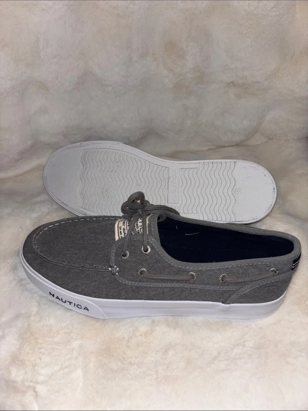 Nautica Men's Gray Canvas Lace-Up Boat Shoes with White Sole